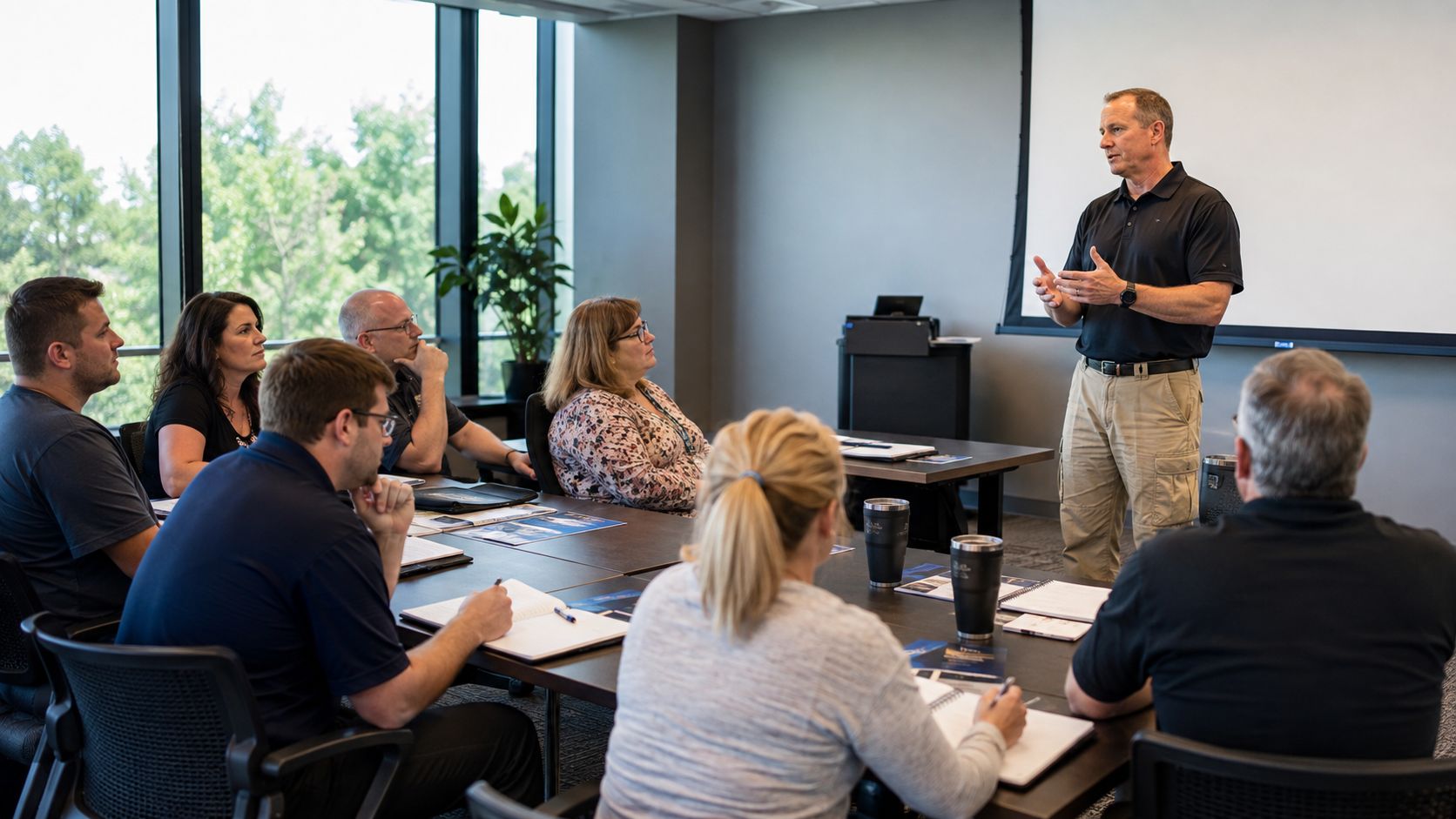 Group discussing workplace emergency response during active shooter training